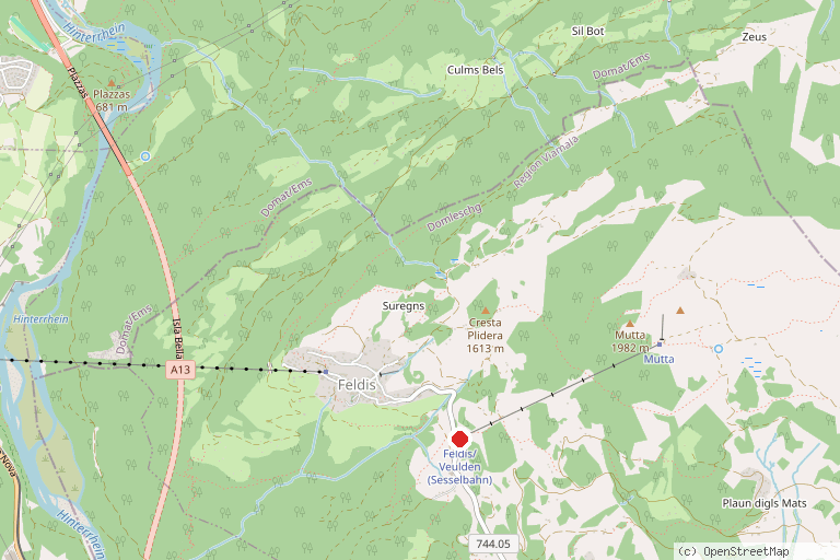 Karte mit der Lage von Skigebiet Feldis/Veulden