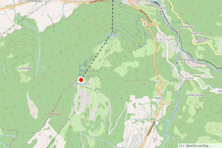 Karte mit der Lage von Trottinett-Abfahrt Brambrüesch