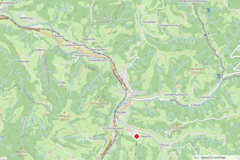Karte mit der Lage von Skilift Steg im Tösstal