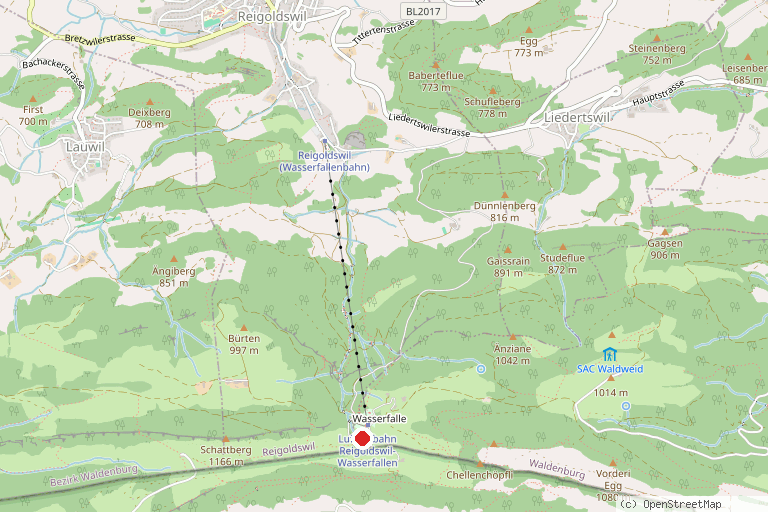 Karte mit der Lage von Waldseilpark Wasserfallen
