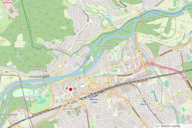 Karte mit der Lage von Aarau, Stadt der schönen Giebel